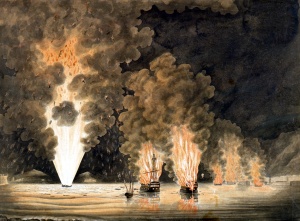 Incendie de plusieurs vaisseaux français lors de l'évacuation des Anglais à la fin du siège de Toulon, décembre 1793. Source : Royal Museums of Greenwich