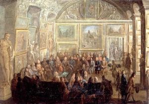 Jean-Baptiste Martin, Assemblée ordinaire de l'Académie royale de peinture et de sculpture au Louvre, ca. 1712-1721, 30x42 cms., Musée du Louvre